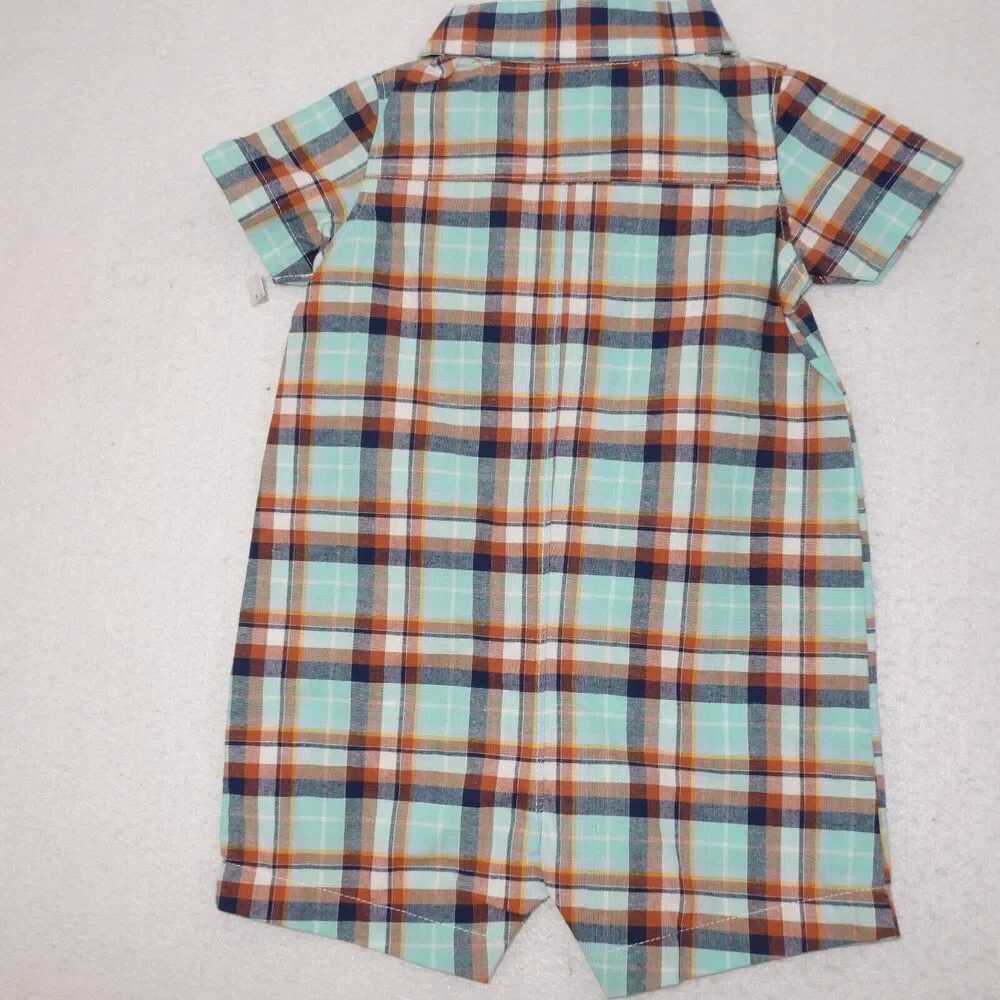 NEW Carter's 6 Month Blue Rust Plaid Button Up w/ Collar Romper Short Outfit